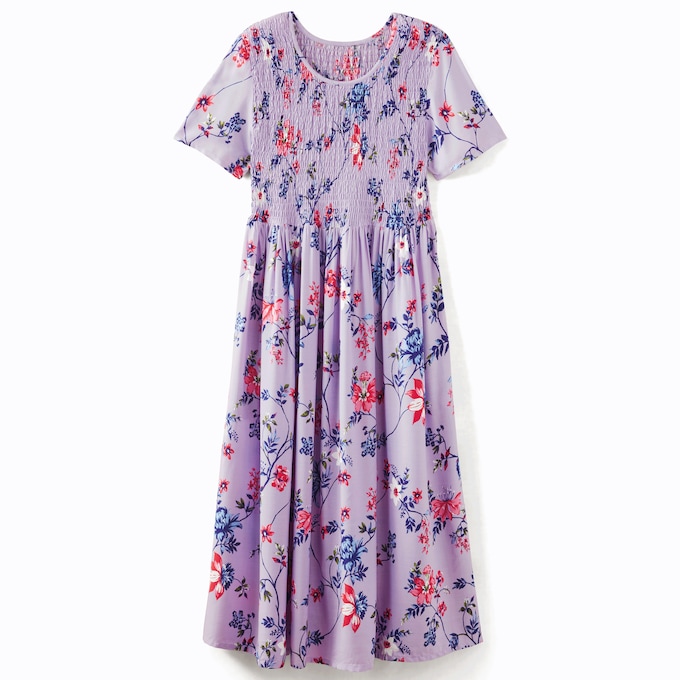 Smocked-Waist Dress, Lilac Floral, large