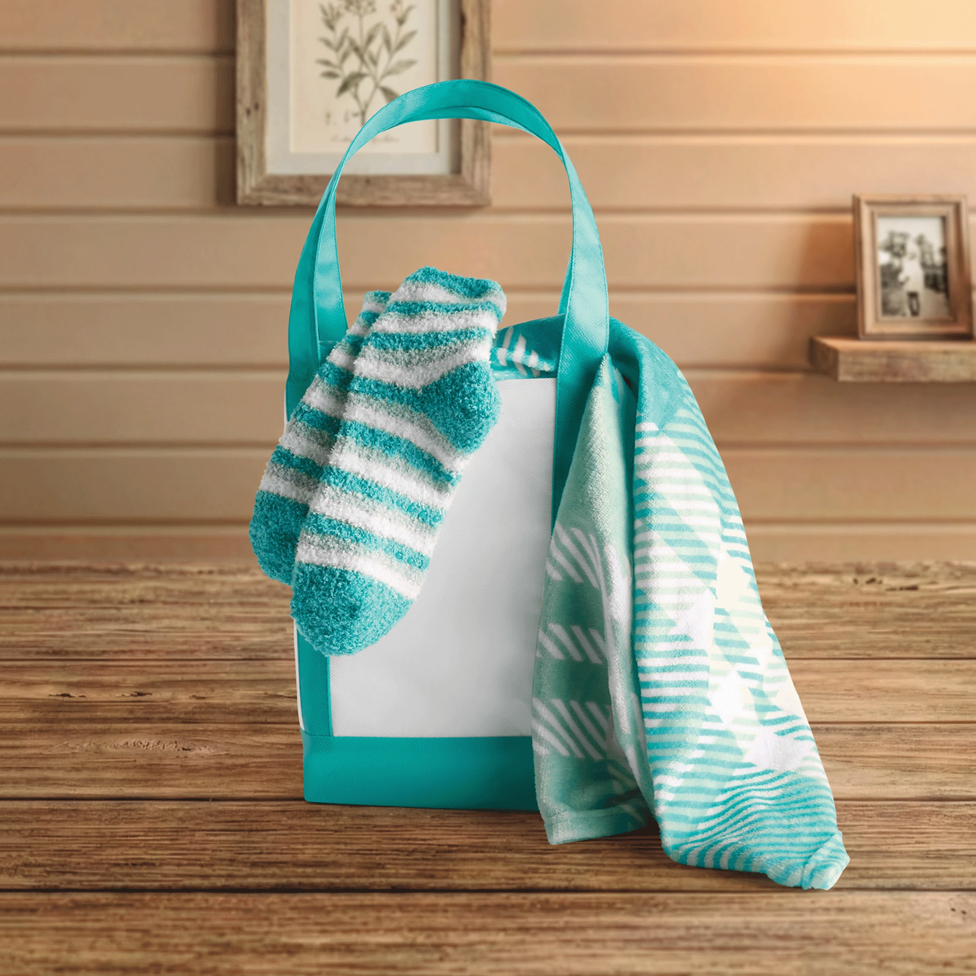 Tote, Throw & Socks Gift Set, Teal Plaid, large