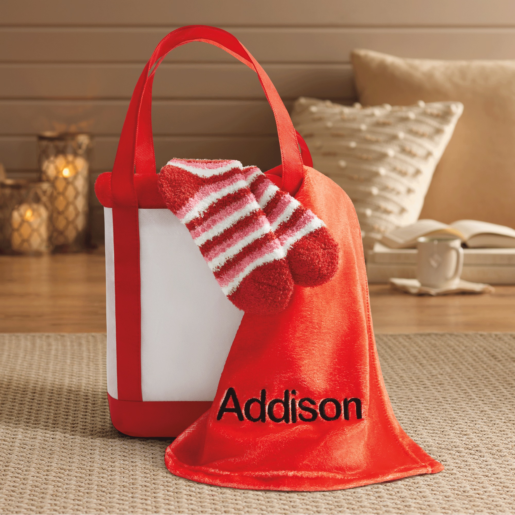 Tote, Throw & Socks Gift Set, Red, large