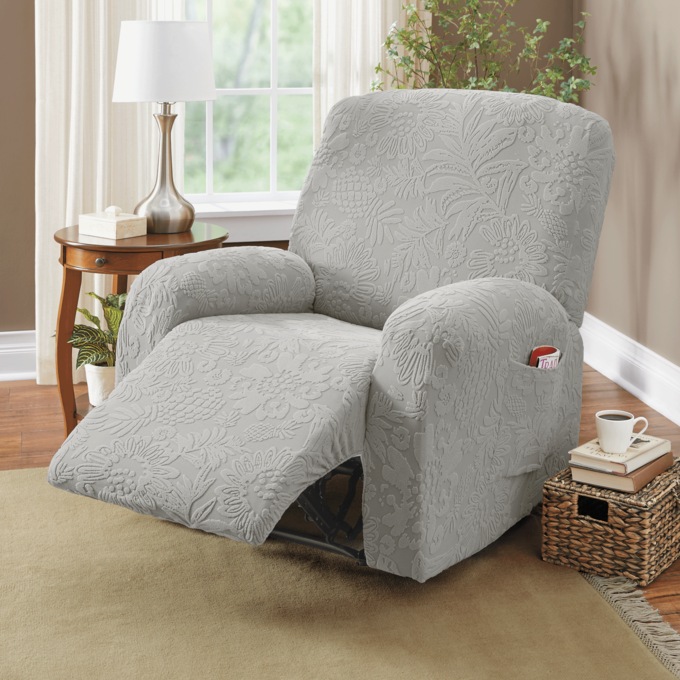 Floral Pattern Recliner Cover, Light Gray, large