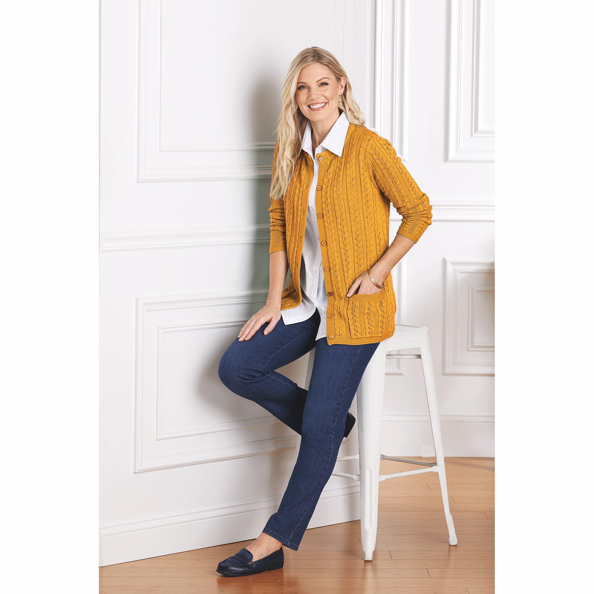 thumbnail image 2 of AmeriMark Women's Cable Stitch Cardigan - Lightweight Long Sleeve Knit Sweater 2 of 9