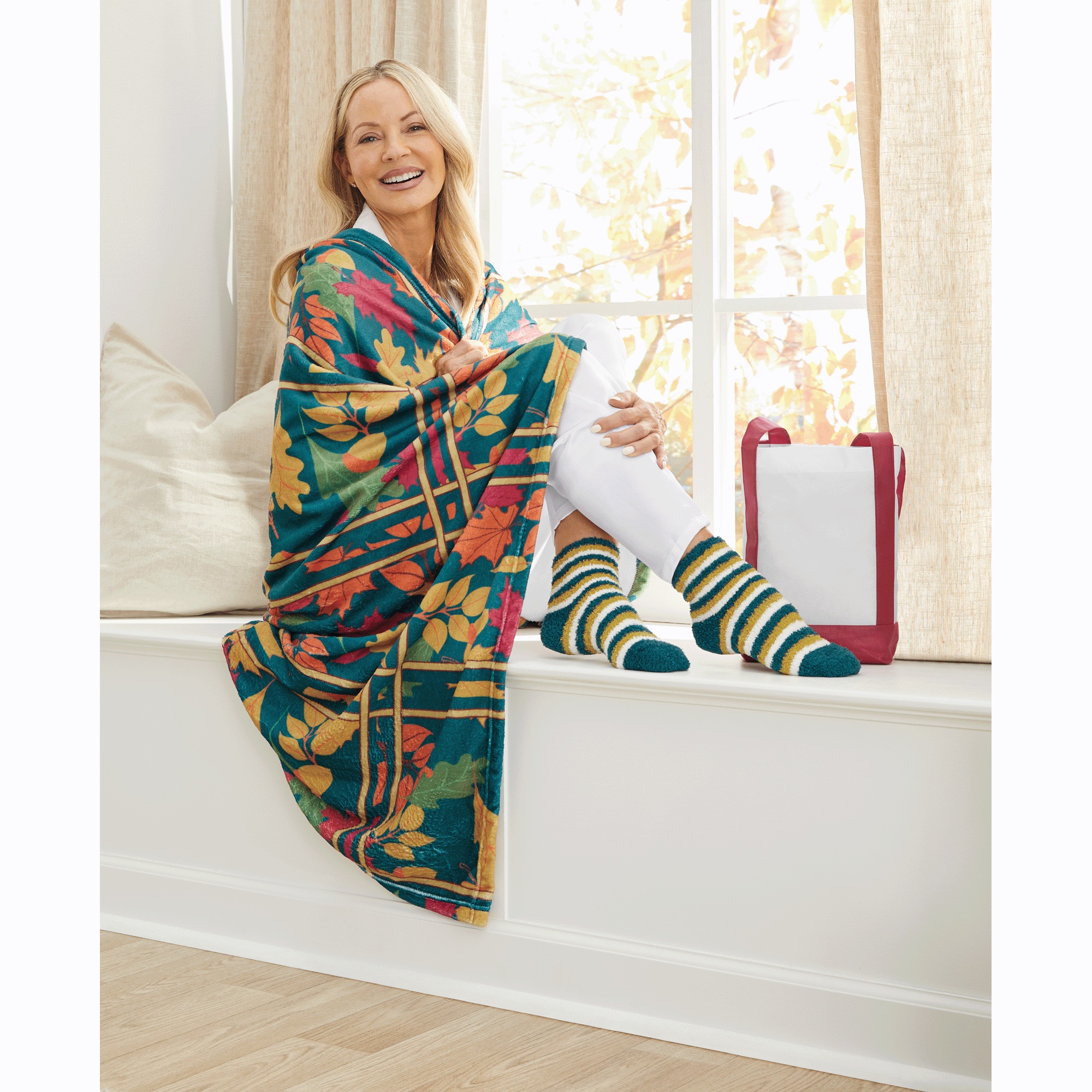 Tote, Throw & Socks Gift Set, Autumn Teal, large