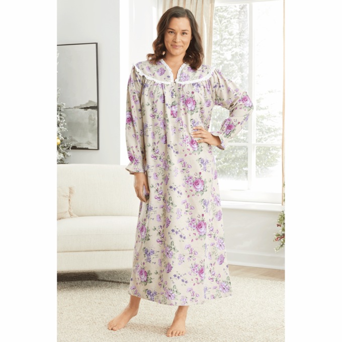 Flannel Nightgown with Lace Trim, , large