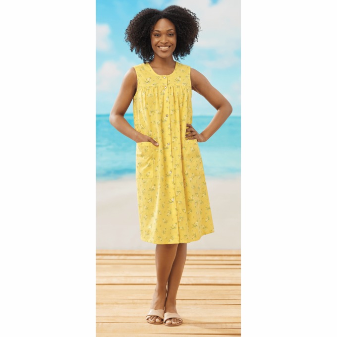 Sleeveless Woven Cotton Shift Dress with Pockets, , large