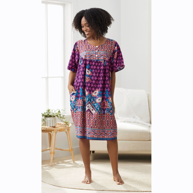 Border Print Patio Dress, Violet Floral, large