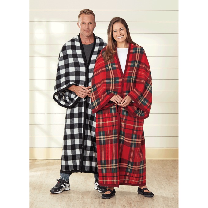 Polar Fleece Blanket Robe, Red Plaid, large