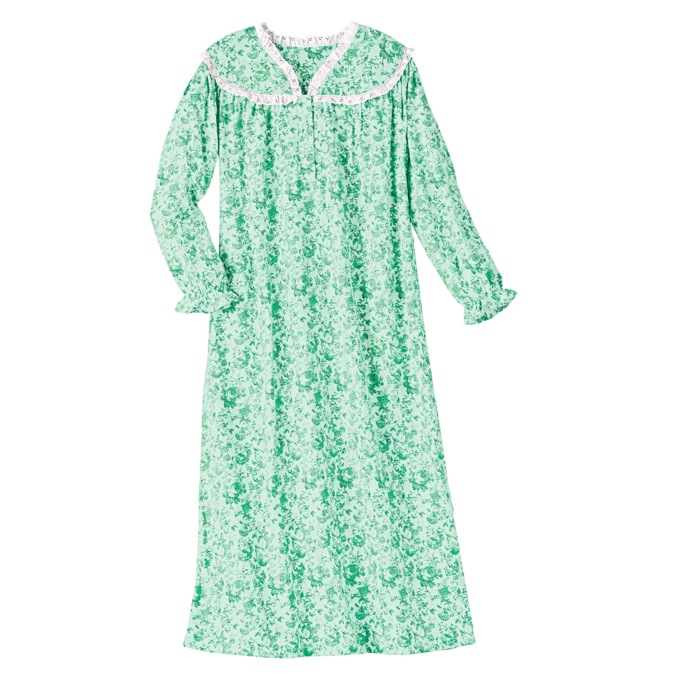 Flannel Nightgown with Lace Trim, Soft Mint, large