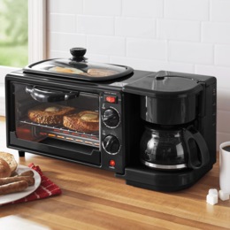 3-in-1 Breakfast Maker with Grill, Bake, Toast &amp; Brew, , large
