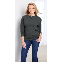 Long-Sleeve Banded-Bottom Henley, , large