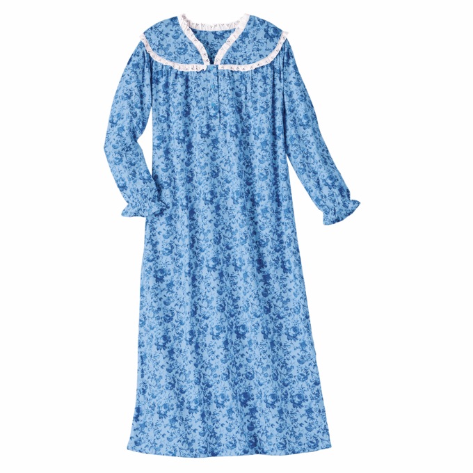 Flannel Nightgown with Lace Trim, Soft Blue, large