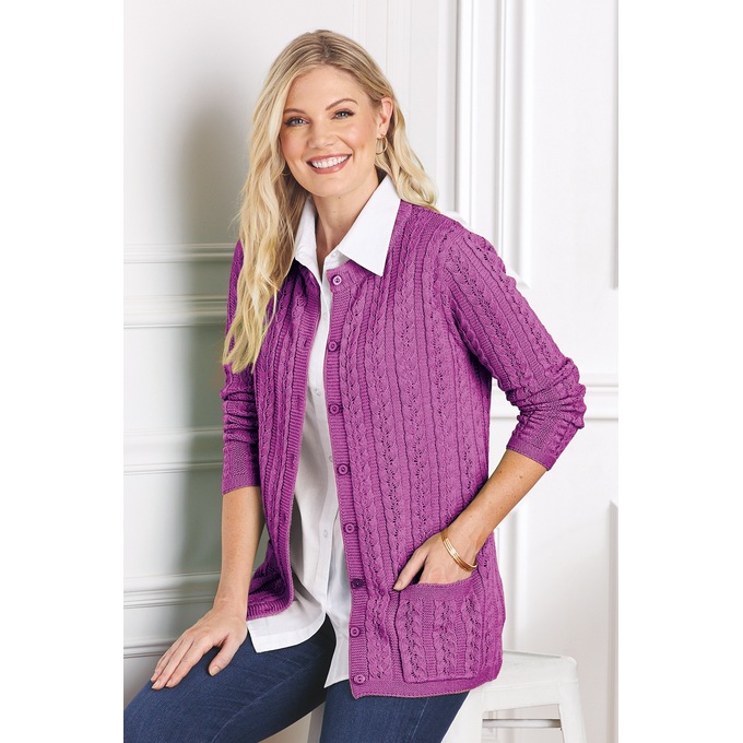 Cable Knit Cardigan, Lilac, large