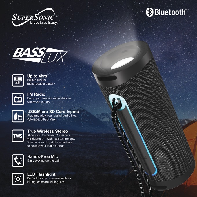 Supersonic Portable Speaker with Flashlight, Black, large