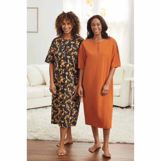 2-Pack Cotton Knit Henley Nightshirts for Women, , large